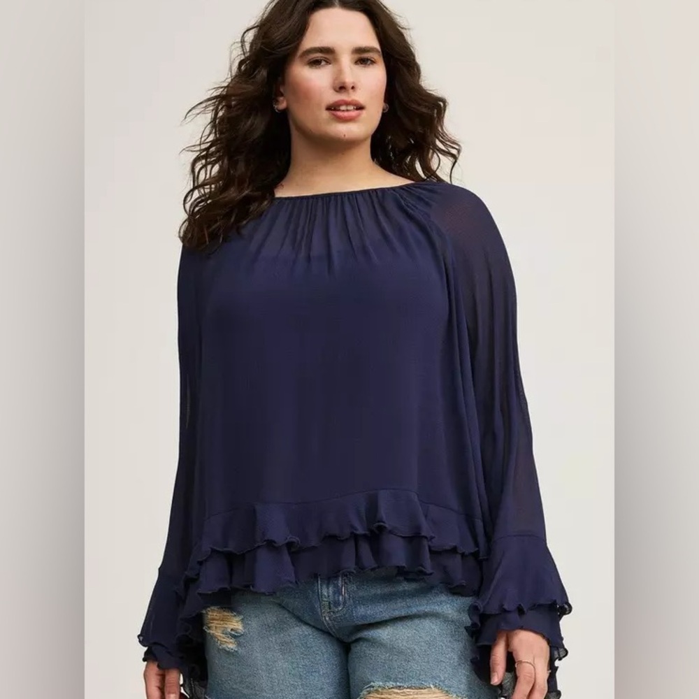Torrid Navy Blue Ruffle Long Sleeve Top NWT